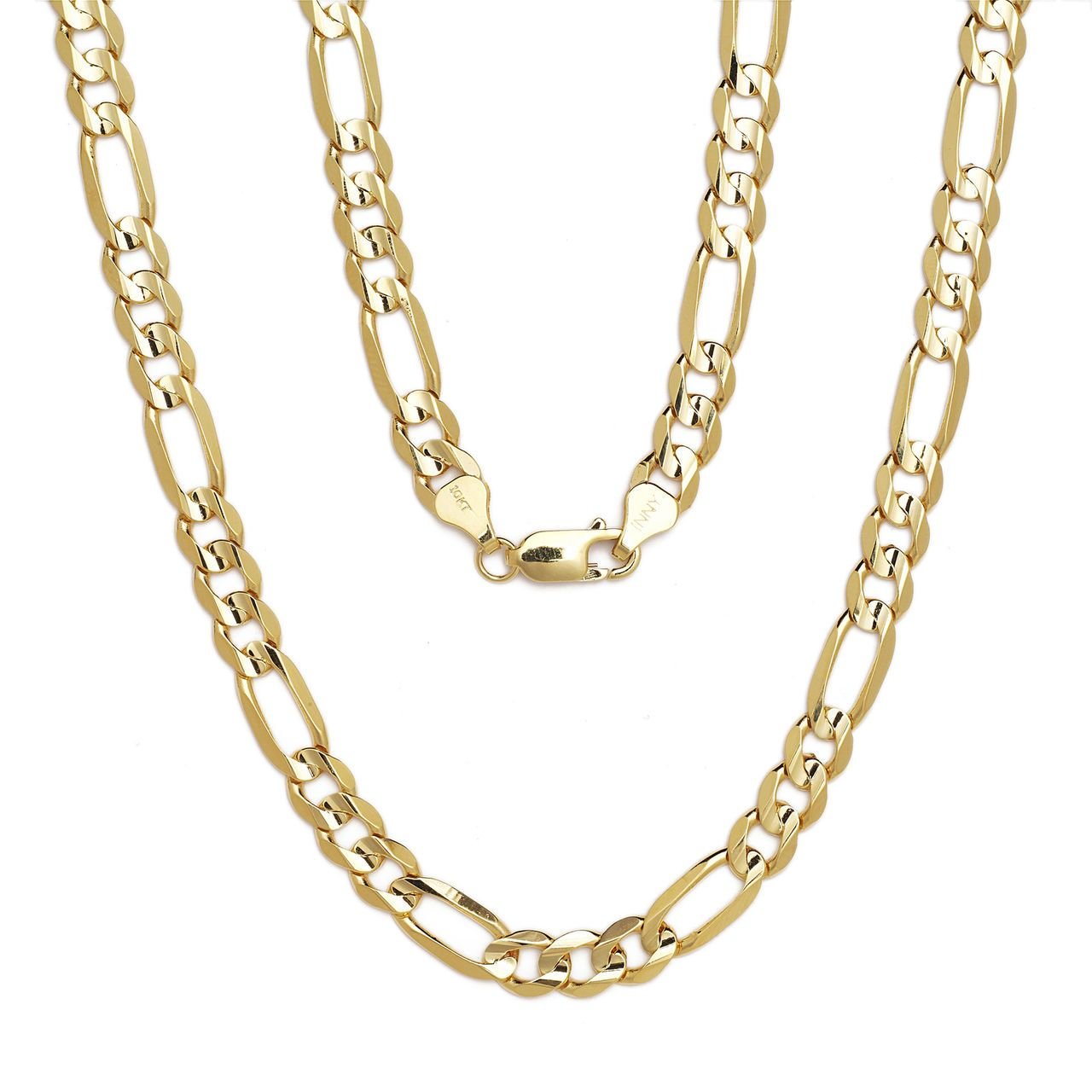 10k Yellow Gold Figaro Chain Necklace with Concave Look, 0.31 Inch (8mm)