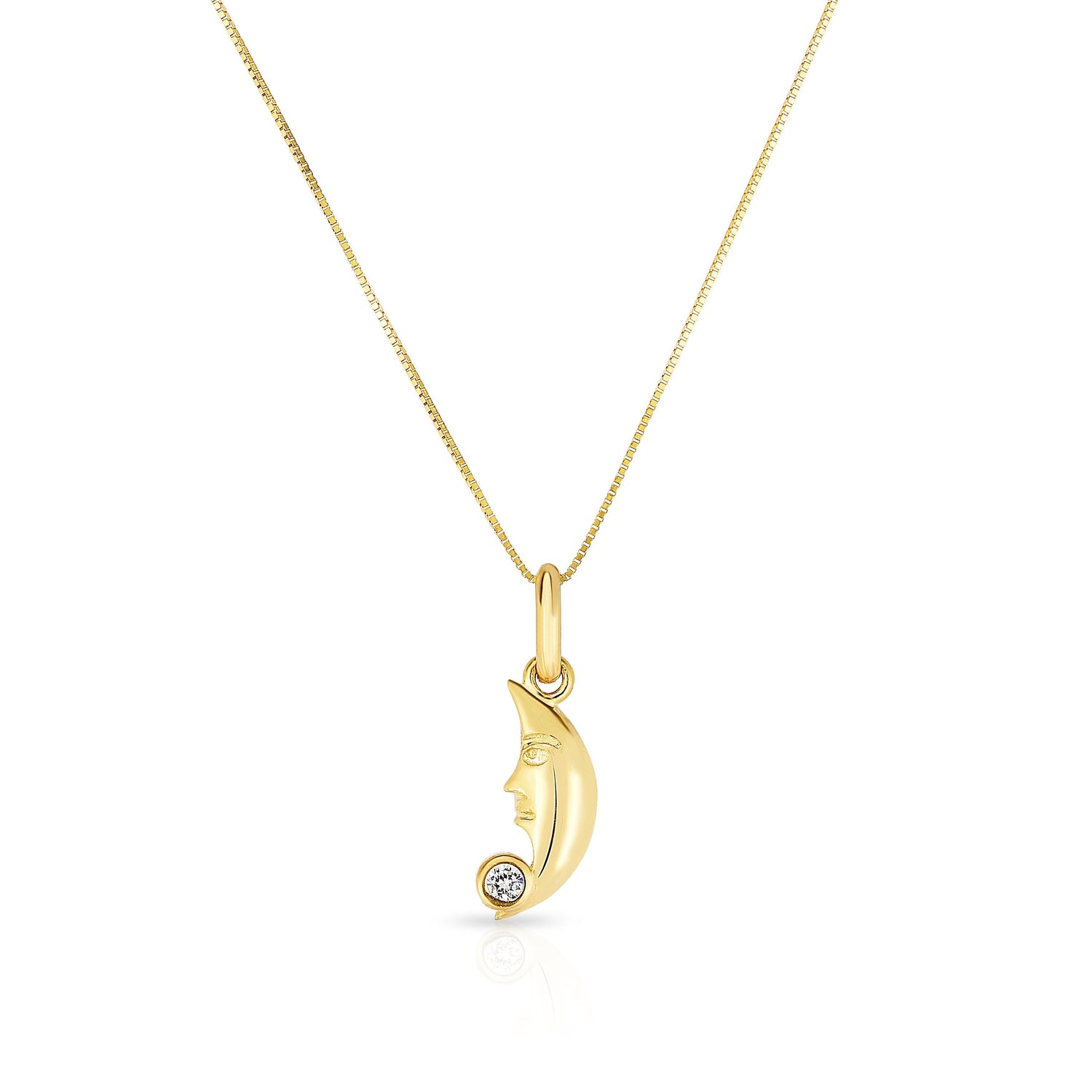 10k Yellow Gold Crescent Moon Face Charm Pendant Necklace with  Cubic Zirconia
