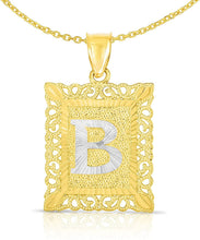 Load image into Gallery viewer, 10k Yellow and White Gold A-Z Initial Square (21 x 12 mm) Pendant with Optional Necklace, Small