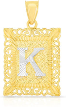 Load image into Gallery viewer, 10k Yellow and White Gold A-Z Initial Square (21 x 12 mm) Pendant with Optional Necklace, Small