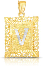 Load image into Gallery viewer, 10k Yellow and White Gold A-Z Initial Square (21 x 12 mm) Pendant with Optional Necklace, Small