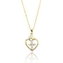 Load image into Gallery viewer, 10k Yellow Gold Heart and Cross CZ Pendant Necklace with Singapore Chain
