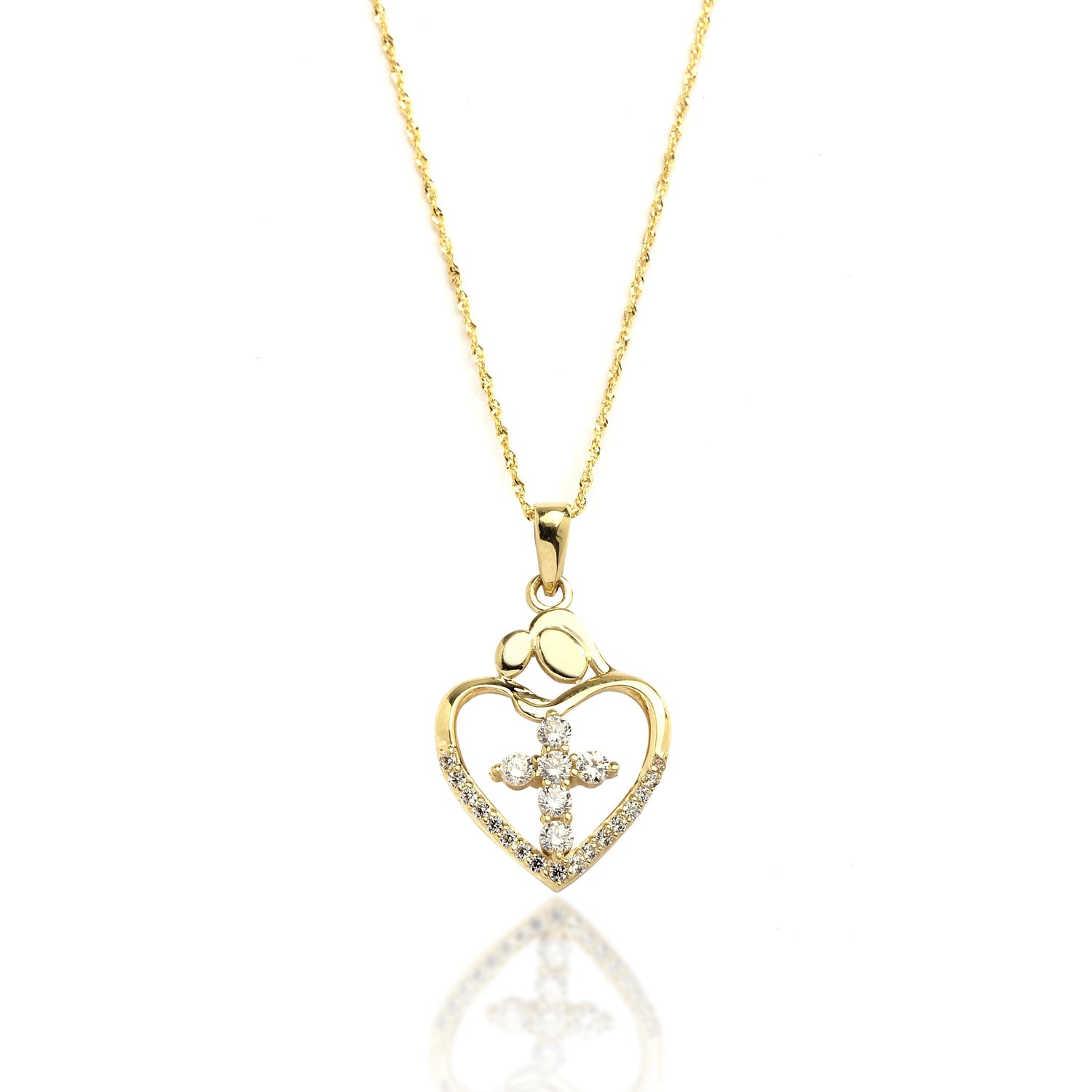 10k Yellow Gold Heart and Cross CZ Pendant Necklace with Singapore Chain