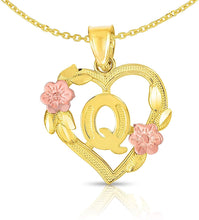 Load image into Gallery viewer, 10k Yellow and Rose Gold A-Z Initial Heart Pendant with Optional Necklace