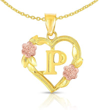 Load image into Gallery viewer, 10k Yellow and Rose Gold A-Z Initial Heart Pendant with Optional Necklace