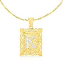 Load image into Gallery viewer, 10k Yellow and White Gold A-Z Initial Square (26 x 18.7 mm) Pendant with Optional Necklace, Large