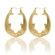Load image into Gallery viewer, 10k Yellow Gold Friendship Love Hoop Earrings with Kissing Dolphin Design