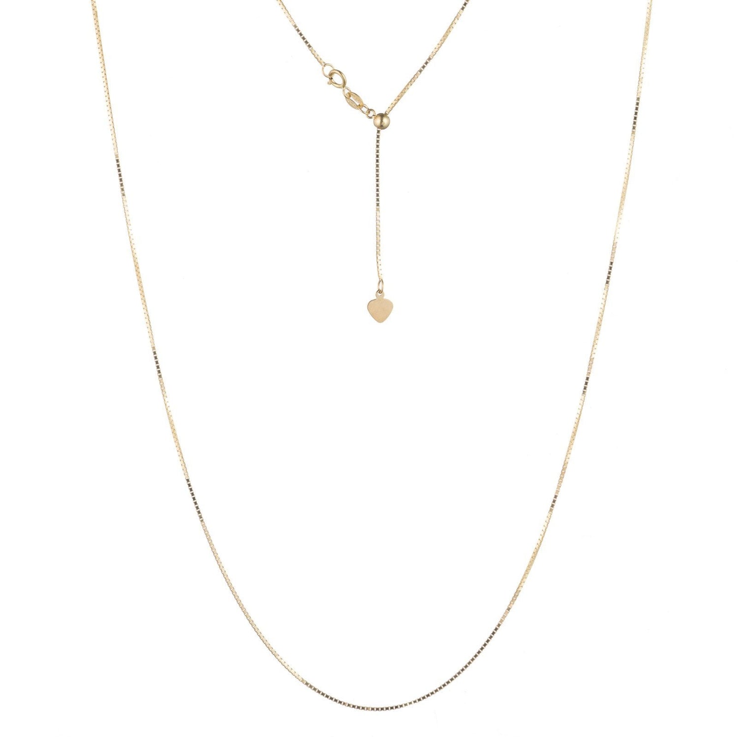 10k Fine Gold Adjustable Box Chain with Small Heart Charm, 24 inch
