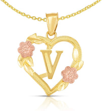 Load image into Gallery viewer, 10k Yellow and Rose Gold A-Z Initial Heart Pendant with Optional Necklace