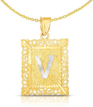 Load image into Gallery viewer, 10k Yellow and White Gold A-Z Initial Square (21 x 12 mm) Pendant with Optional Necklace, Small
