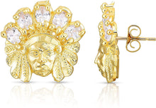 Load image into Gallery viewer, 10k Yellow Gold Variation of Color Stone Native American Indian Tribal Chief Head Post Earrings, (0.25" x 0.25")