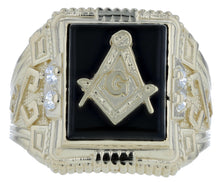 Load image into Gallery viewer, 10k Yellow Gold Onyx Stone Masonic CZ Ring Freemason Symbol Ring

