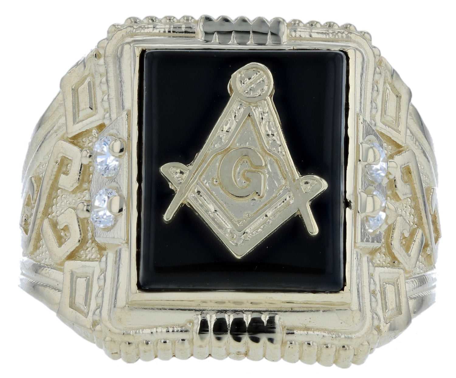 10k Yellow Gold Onyx Stone Masonic CZ Ring Freemason Symbol Ring