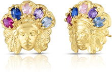 Load image into Gallery viewer, 10k Yellow Gold Variation of Color Stone Native American Indian Tribal Chief Head Post Earrings, (0.25" x 0.25")