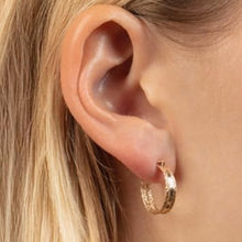 Load image into Gallery viewer, 14k Yellow Gold 18mm x 3.5mm or 24.7mm x 3.5mm Diamond Cut Edge &amp; Polished Hoop Earrings
