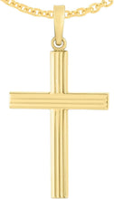 Load image into Gallery viewer, 14k Yellow Gold 1.2" Single Ribbed or 1.6" Triple Ribbed Cross Charm Pendant with optional Adjustable Chain Necklace
