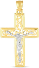 Load image into Gallery viewer, 14k Yellow Gold 1.5&quot; Vine Openwork Jesus Crucifix Two-Tone Cross Charm Pendant with optional Adjustable Chain Necklace
