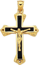 Load image into Gallery viewer, 14k Yellow Gold 1.4&quot; Layered Black Enamel Jesus Crucifix Cross Charm Pendant with optional Adjustable Chain Necklace

