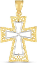 Load image into Gallery viewer, 14k Yellow Gold 1.5&quot; Filigree Openwork Wide Two-Tone Cross Charm Pendant with optional Adjustable Chain Necklace
