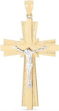 Load image into Gallery viewer, 14k Yellow Gold 1.5&quot; Layered Jesus Crucifix Two-Tone Cross Charm Pendant with optional Adjustable Chain Necklace
