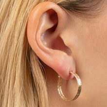 Load image into Gallery viewer, 14k Yellow Gold 18mm x 3.5mm or 24.7mm x 3.5mm Diamond Cut Edge &amp; Polished Hoop Earrings
