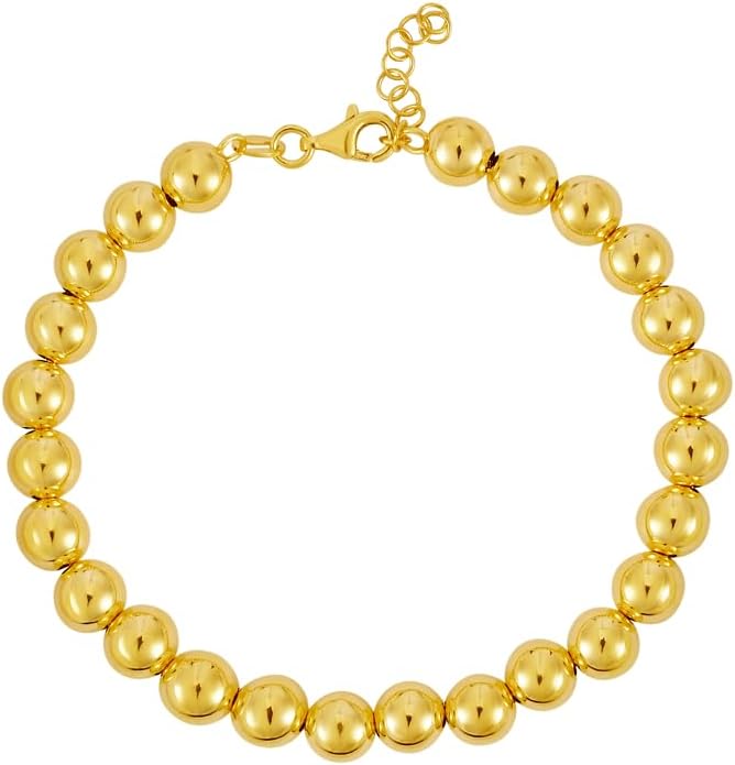 14k Yellow Gold 7mm Shiny High Polish Bead Chain Bracelet 7.25