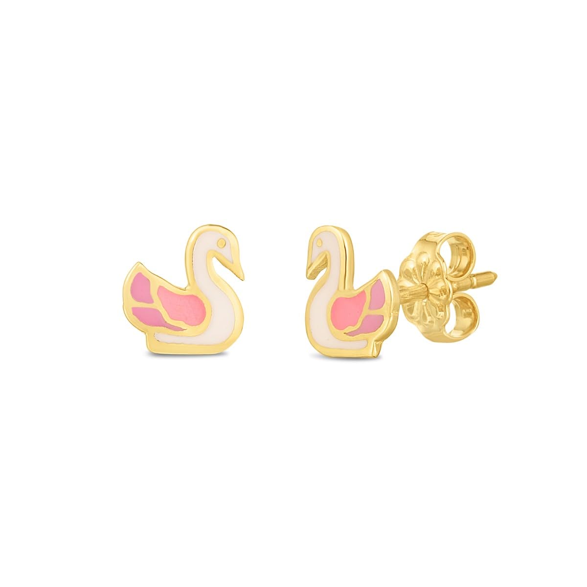 14k Yellow Gold 7mm High Polished Pink & White Swan Stud Earrings