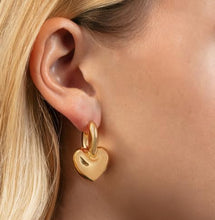 Load image into Gallery viewer, 14k Yellow Gold 32.4mm x 18.6mm Puffy Heart Dangle Huggie Hoops Earrings
