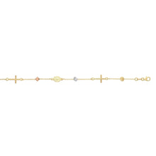 Load image into Gallery viewer, 14k Tri-Color Gold Christian Religious Cube and Cross Charm Link Bracelet, 7.5 Inch
