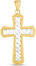 Load image into Gallery viewer, 14k Yellow Gold 1.3" Diamond Cut Intricate Two-Tone Cross Charm Pendant with optional Adjustable Chain Necklace
