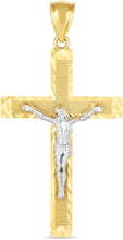Load image into Gallery viewer, 14k Yellow Gold 1.6" Diamond Cut &amp; Textured Jesus Crucifix Two-Tone Cross Charm Pendant with optional Adjustable Chain Necklace
