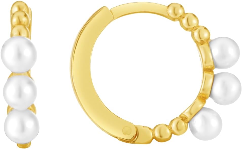 14k Yellow Gold 7.7mm  Huggie Hoop with 3mm Pearls Earrings