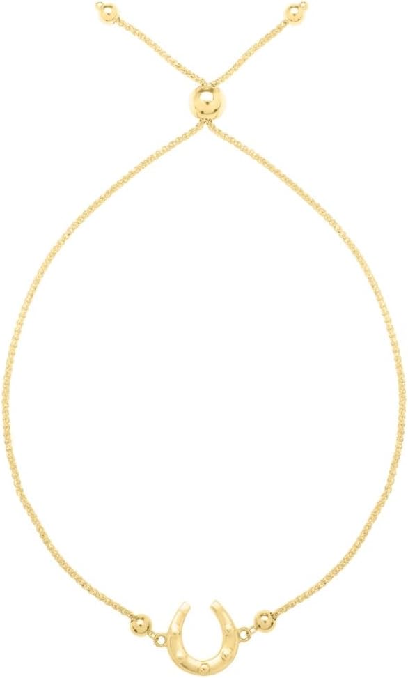 14k Yellow Gold Horseshoe Charm Adjustable Wheat Link Friendship Bolo Bracelet, Extendable 9 Inch
