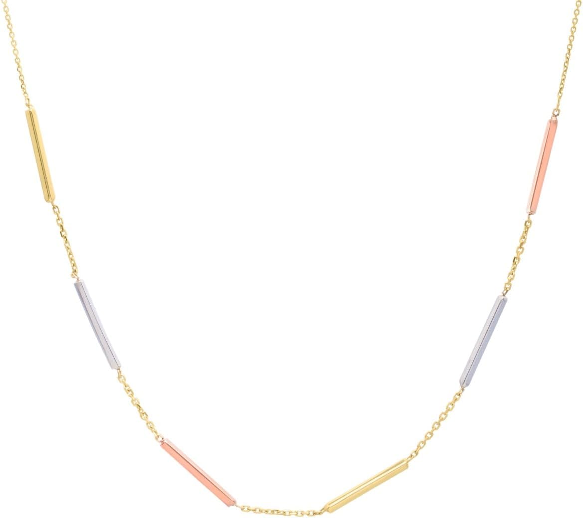 10k Tri-Color 1.6mm Solid Bar Station 0.9mm Chain Necklace 16