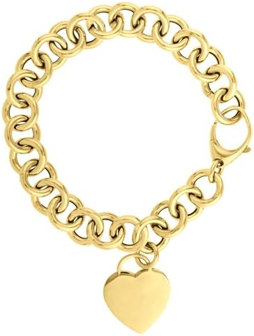 14k Yellow Gold Rolo with Heart Tag Charm Link Bracelet 7.5 Inch