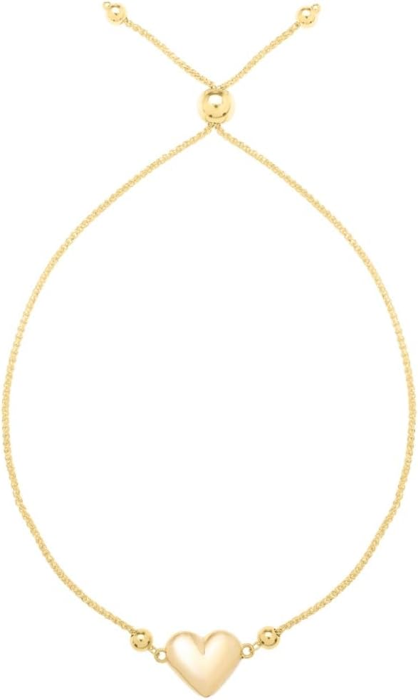 14k Yellow Gold Puff Heart Charm Adjustable Wheat Link Friendship Bolo Bracelet, Extendable 9 Inch