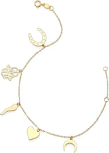 Load image into Gallery viewer, 14k Yellow Gold 13.5mm Horseshoe Hamsa Heart Horn Moon Dangling Element Charm Link Bracelet, Adjustable 6.25" - 7 Inch
