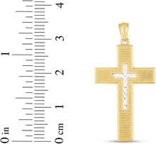 Load image into Gallery viewer, 14k Yellow Gold 1.1" Diamond Cut &amp; Textured Nested Two-Tone Cross Charm Pendant with optional Adjustable Chain Necklace
