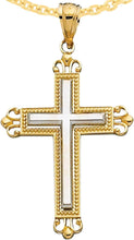 Load image into Gallery viewer, 14k Yellow Gold 1.2&quot; Filigree Beaded Two-Tone Cross Charm Pendant with optional Adjustable Chain Necklace
