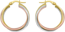 Load image into Gallery viewer, 14k Yellow Gold 20mm x 9mm or 25.8mm x 8mm Trinity Woven Hoop Tri-Color Earrings
