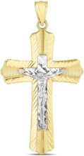 Load image into Gallery viewer, 14k Yellow Gold 1.4" Diamond Cut &amp; Ribbed Jesus Crucifix Two-Tone Cross Charm Pendant with optional Adjustable Chain Necklace
