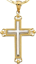 Load image into Gallery viewer, 14k Yellow Gold 1.2&quot; Filigree Beaded Two-Tone Cross Charm Pendant with optional Adjustable Chain Necklace
