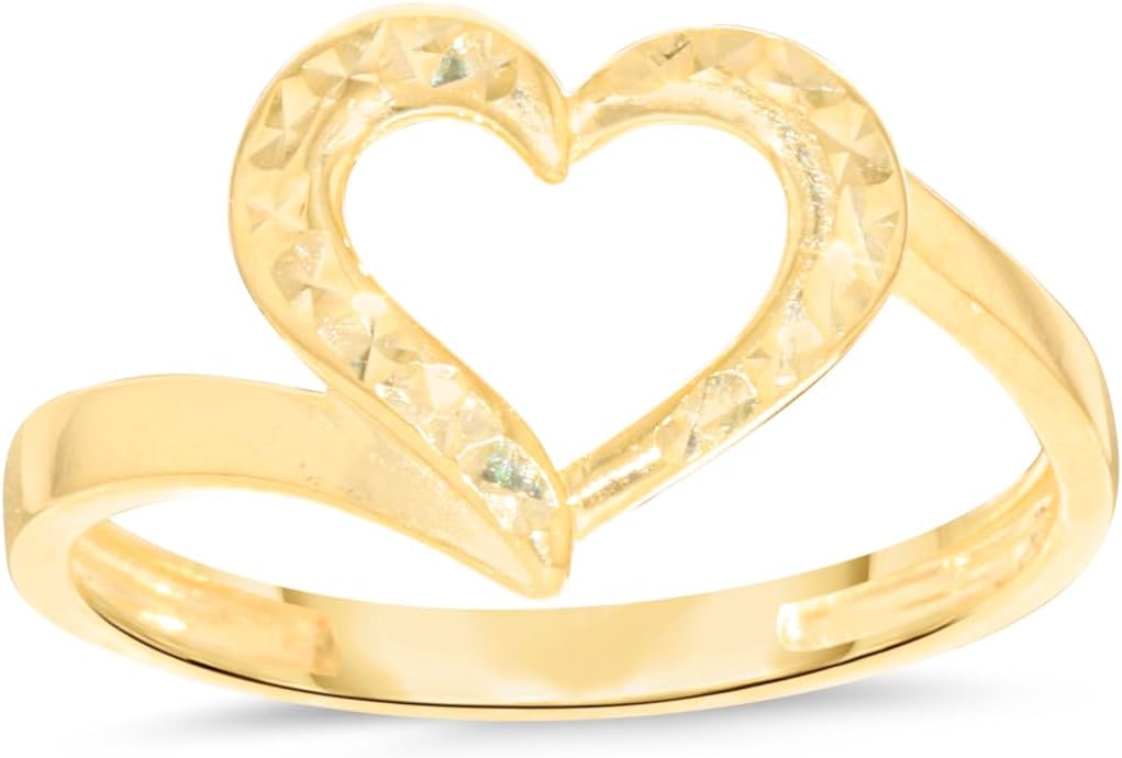 10k Yellow Gold Diamond Cut Open Heart Curved Band Ring, Size 3-11