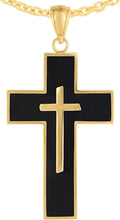 Load image into Gallery viewer, 14k Yellow Gold 1.1" Nested Black Enamel Cross Charm Pendant with optional Adjustable Chain Necklace
