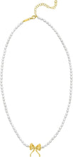 Load image into Gallery viewer, 14k Yellow Gold Bow Pearl Strand Link Necklace, 16-18 Inch

