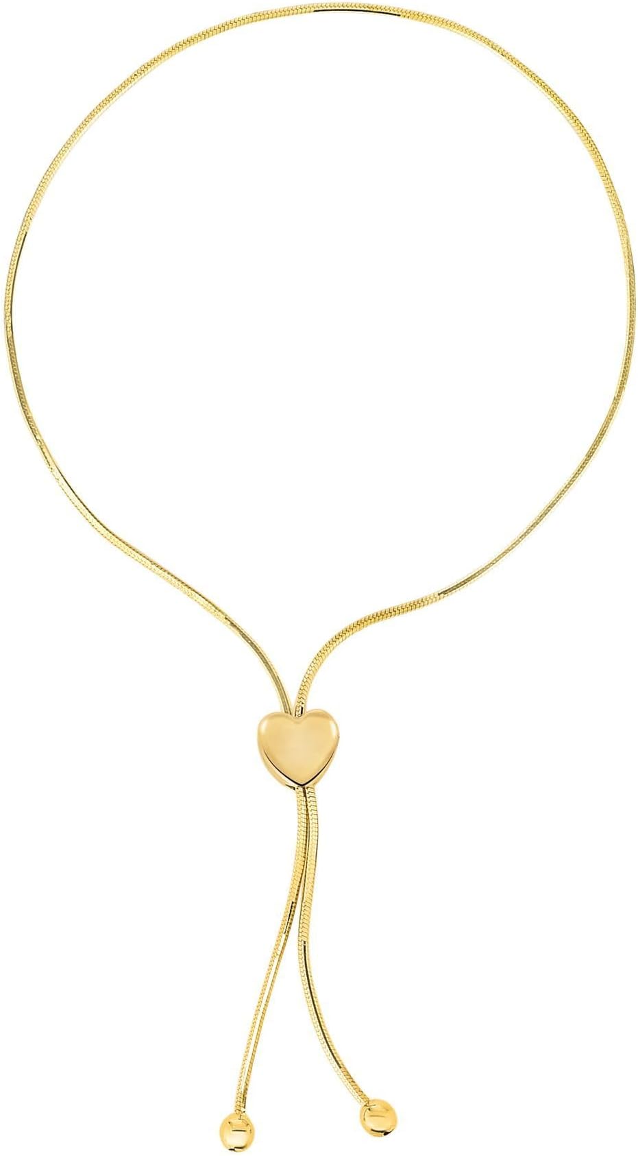 14k Yellow Gold Adjustable Friendship Bolo Snake Link Bracelet with Heart Slider, Extendable 9.25 Inch