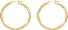 Load image into Gallery viewer, 14k Yellow Gold and White Gold 3mm x 30mm Striped High Polish Hoop Earrings

