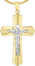 Load image into Gallery viewer, 14k Yellow Gold 1.4" Diamond Cut &amp; Ribbed Jesus Crucifix Two-Tone Cross Charm Pendant with optional Adjustable Chain Necklace
