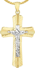 Load image into Gallery viewer, 14k Yellow Gold 1.4&quot; Diamond Cut &amp; Ribbed Jesus Crucifix Two-Tone Cross Charm Pendant with optional Adjustable Chain Necklace
