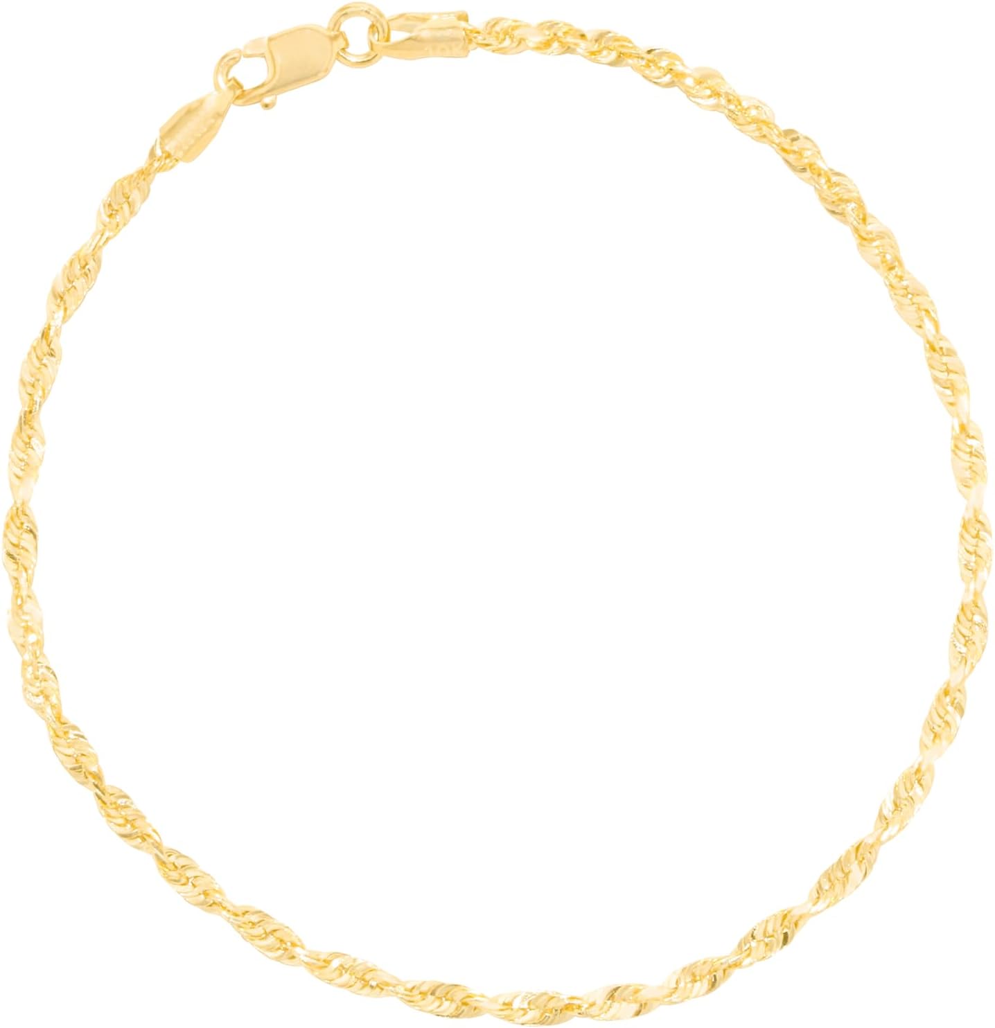 10k Yellow Gold 2.3mm Solid Spiral Rope Multi Diamond Cut Chain Bracelet or Anklet